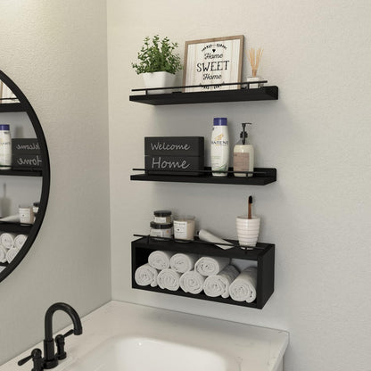 WOPITUES Floating Wall Shelves - Stylish Cube Shelf with Metal Rail for Bathroom Storage | Black