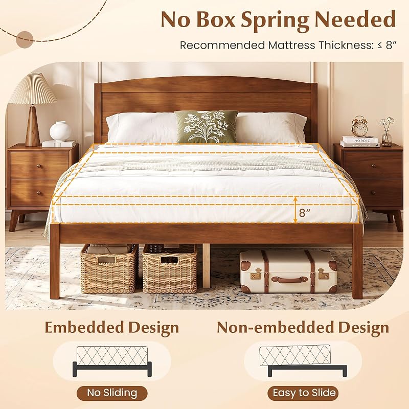 Giantex Full Size Walnut Curved Headboard Bed Frame with Slat Support - 300 lb Capacity