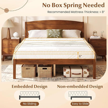 Giantex Full Size Walnut Curved Headboard Bed Frame with Slat Support - 300 lb Capacity