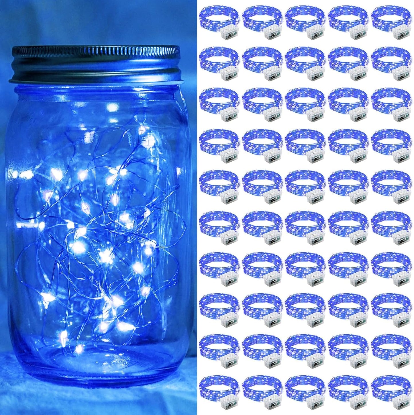 Skiennix 50 Pack Blue Fairy Lights - 7Ft 20 LED Twinkle String Lights | Battery Operated & Waterproof for Weddings, Parties, & Holidays