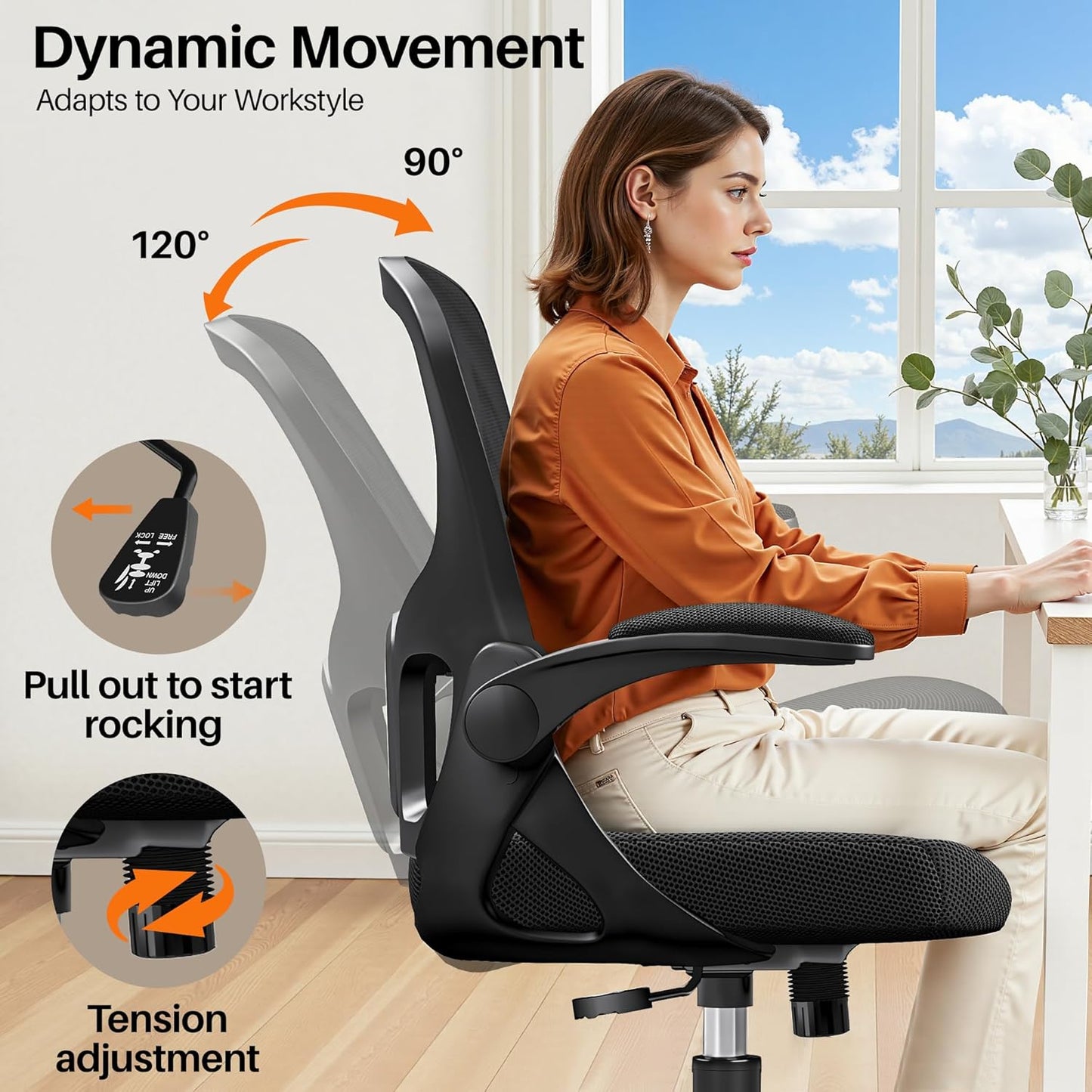 Skiennix Ergonomic Office Chair - Adjustable Lumbar Support & Flip-Up Armrests | Black Mesh Design