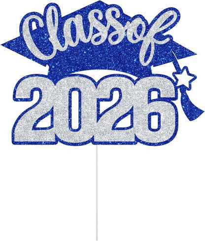 Class of 2026 Cake Topper - Glitter Graduation Decor for High School, College & University - Blue & Silver