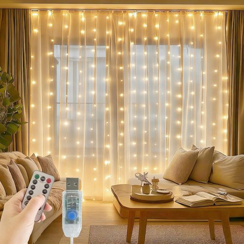 Fairy Curtain Lights - 200 LED Tangle-Free String Lights with Remote | USB Plug for Bedroom & Party Décor - 9.8 x 6.6 Ft, Warm White