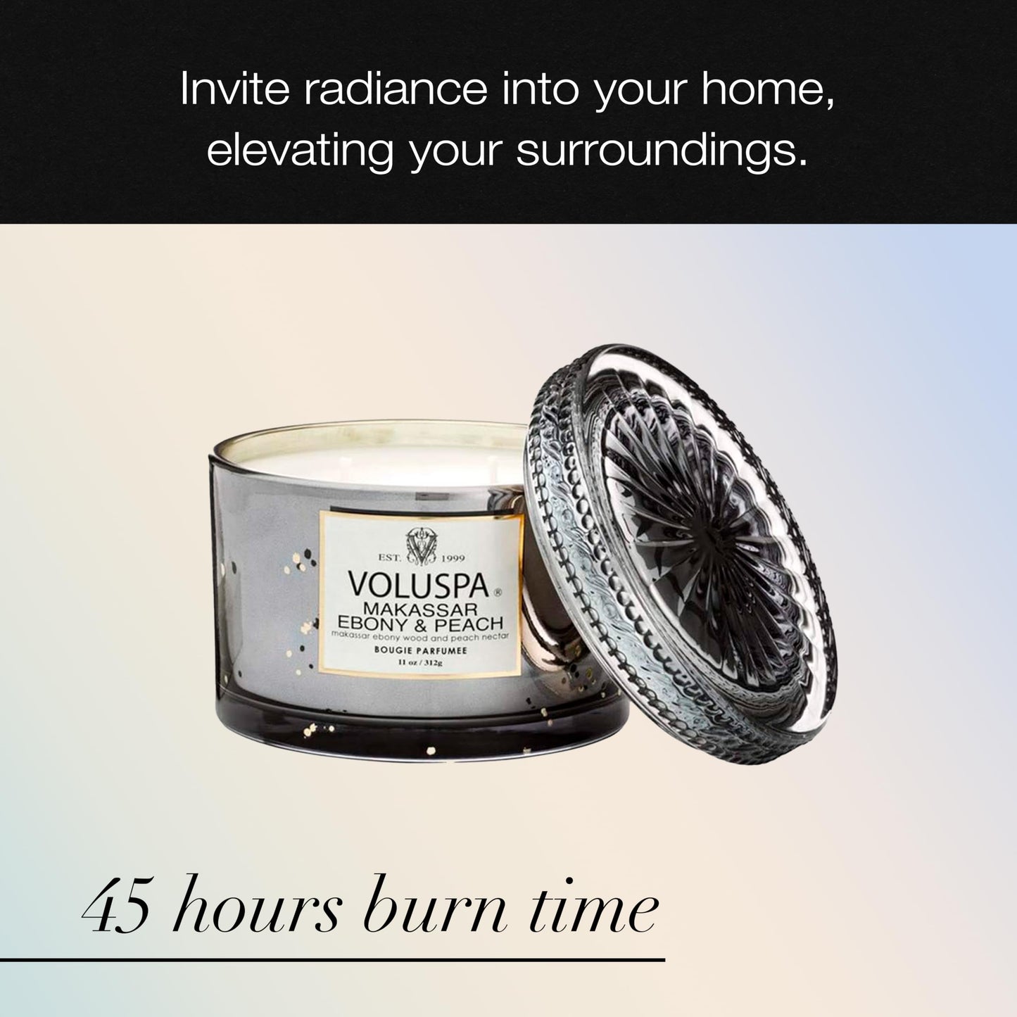 Voluspa Makassar Ebony & Peach, Corta Maison Boxed Candle, 11 oz, 45 Hour Burn Time, Coconut Wax for Clean Burning, Handcrafted in The USA