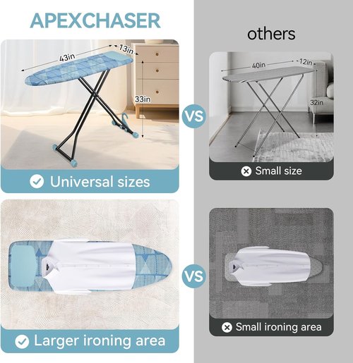 APEXCHASER Ironing Board - Compact Space-Saving Design with Extra Thick Cover | Height Adjustable 13x43 Blue