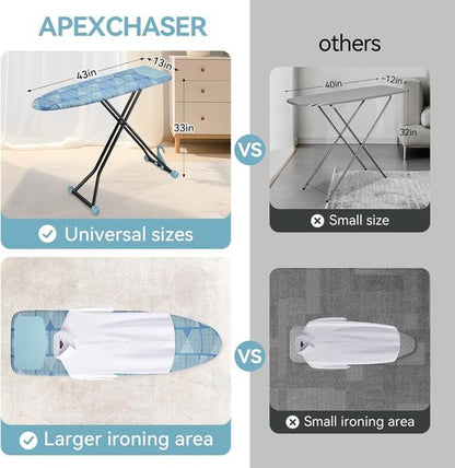 APEXCHASER Ironing Board - Compact Space-Saving Design with Extra Thick Cover | Height Adjustable 13x43 Blue