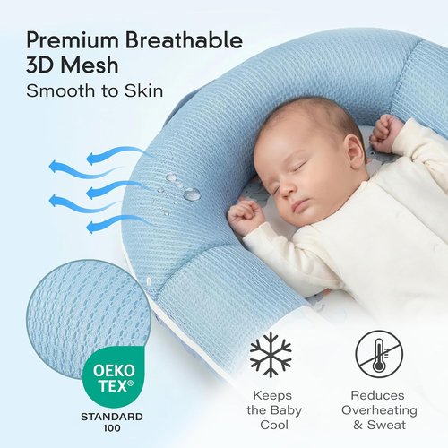 JollyBoo® Deluxe Infant Lounger Pillow - Portable Bamboo-Cotton Baby Nest with Sunshade & Plush Toys | Soft, Breathable Design for 0-24 Months (Blue Elephant)