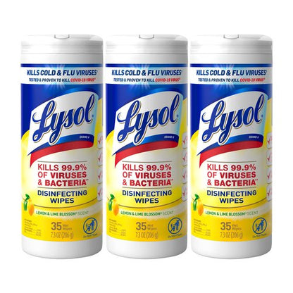 Lysol Disinfectant Wipes, Multi-Surface Antibacterial Cleaning Wipes, Dorm Room Essentials For Disinfecting and Cleaning, Lemon and Lime Blossom, 35 Count (Pack of 3)
