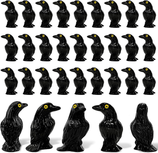 Skiennix Miniature Crows Figurines - 36pcs Tiny Black Raven Cake Toppers for Halloween Decor