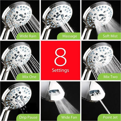 AquaCare High Pressure Handheld Shower Head - 8 Modes, Anti-Clog Nozzles & 6 ft Stainless Steel Hose