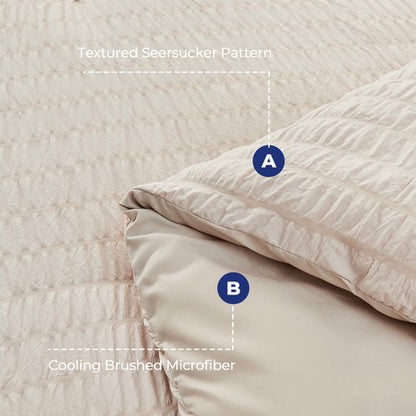 HYMOKEGE Seersucker Queen Comforter Set 3 Pieces, Lightweight Bedding Sets for All Seasons with 1 Soft Down Alternative Comforter and 2 Pillow Shams, Beige