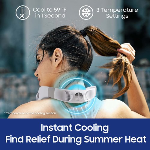 HomePlus Cooling Neck Fan, 2-in-1 Neck Air Conditioner Portable Rechargeable, Wearable Personal Fan, 4400mAh Large Battery, Ergonomic Design, White