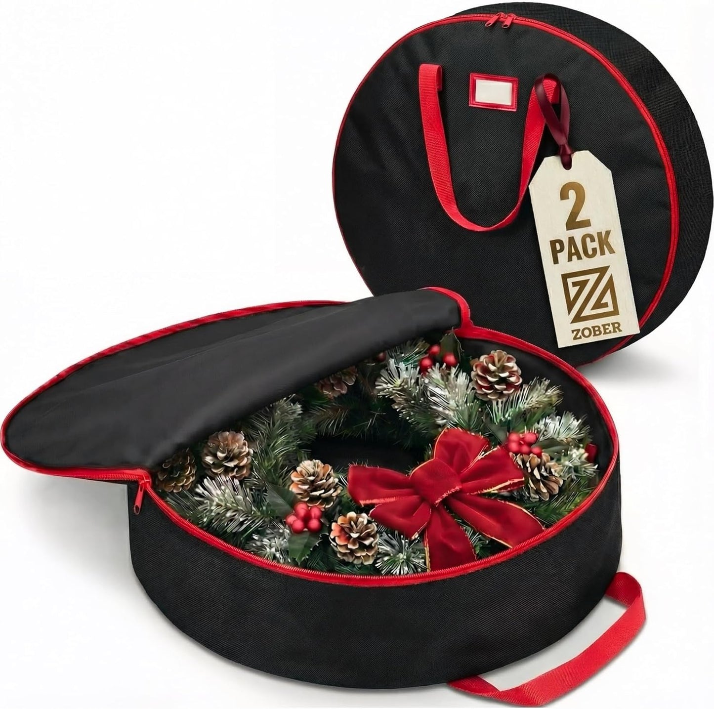ZOBER Oxford Christmas Wreath Storage Container - 48 Inch Waterproof Wreath Bag with Dual Zippers & Durable Handles - Black