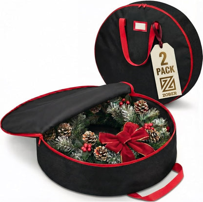 ZOBER Christmas Wreath Storage Bag - 24 Inch Waterproof Oxford Container with Dual Zippers & Durable Handles - Black