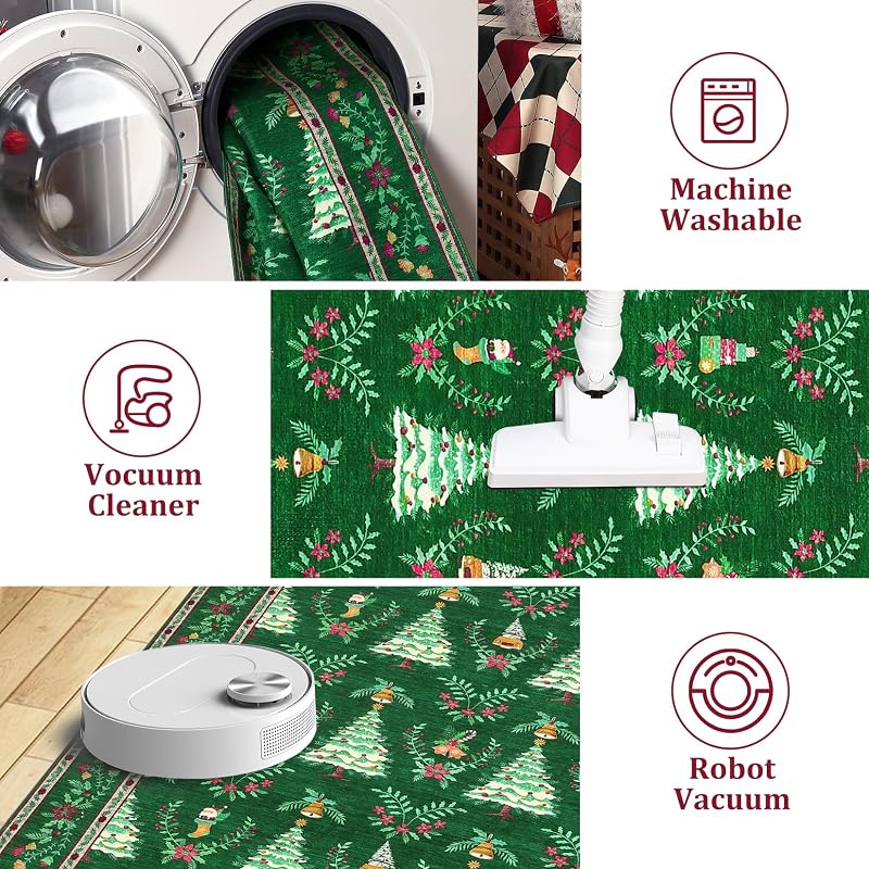 Green Christmas Tree & Floral Rug 8x10, Low-Pile Non-Slip Indoor Accent Rug