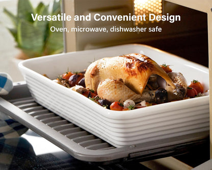 ONEMORE Ceramic Baking Dish - 9x13 Large Rectangular Casserole Pan for Oven & Family Meals | Ribbed White Bakeware