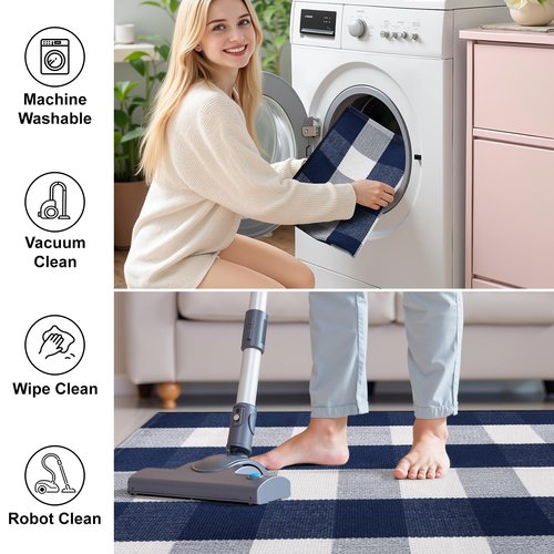 OLANLY Buffalo Plaid Rug 2'4" x 3'7" (27.5" x 43") – Navy and White Cotton Checkered Doormat, Washable Indoor Outdoor Rug for Layered Front Porch, Kitchen, Entryway Decor