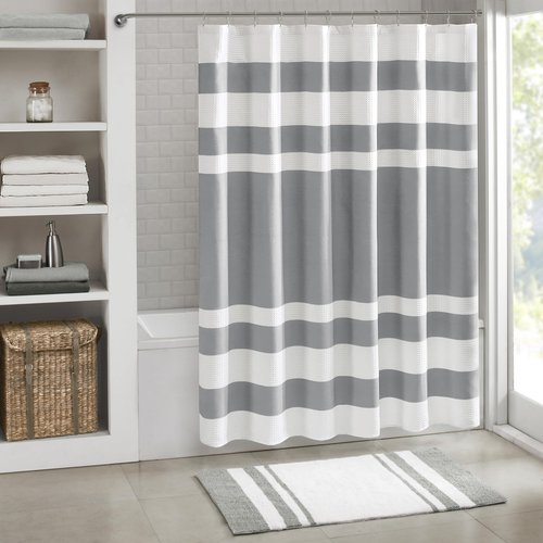 Madison Park Shower Curtain Waffle Weave Striped Pieced Design Fabric Shower Curtains for Bathroom with 3M Scotchgard Moisture Management Premium Spa Quality Modern Standard 72"x72" Grey
