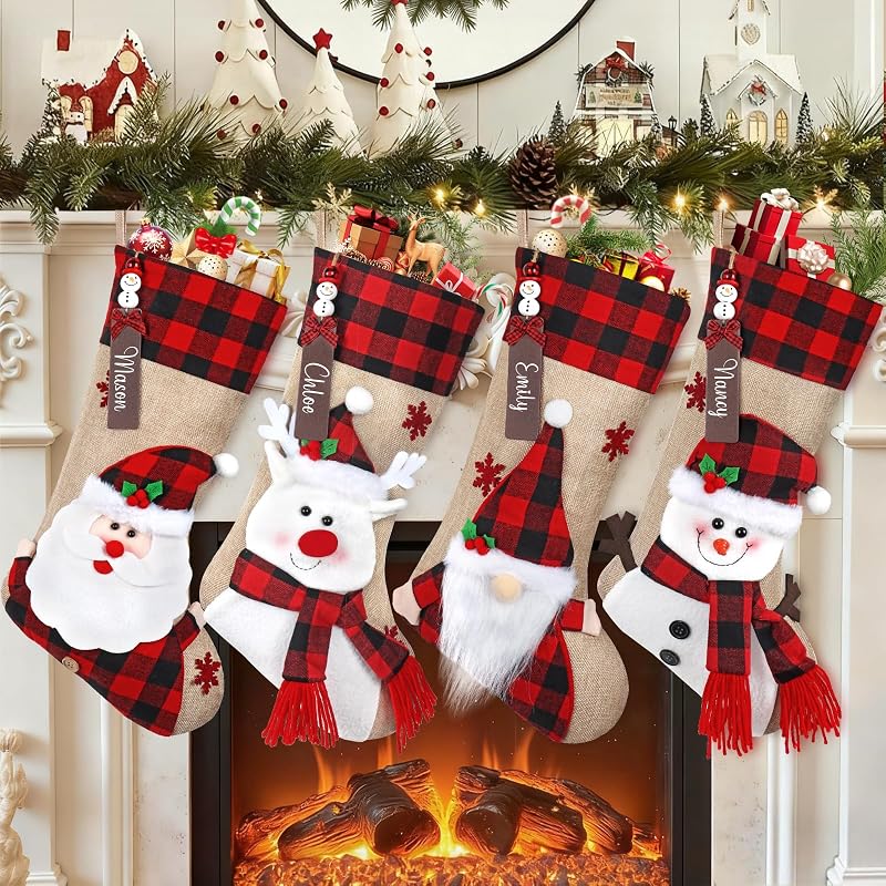 Personalized Christmas Stockings 4Pack Burlap Plaid - Red (Variation: Personalized Red)