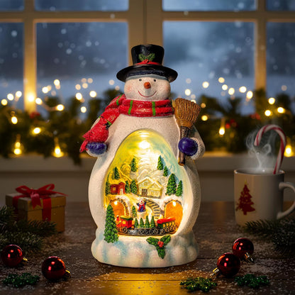 Snowman Figurine - Lighted Christmas Village with Animated Train | Battery & USB Powered Holiday Decor