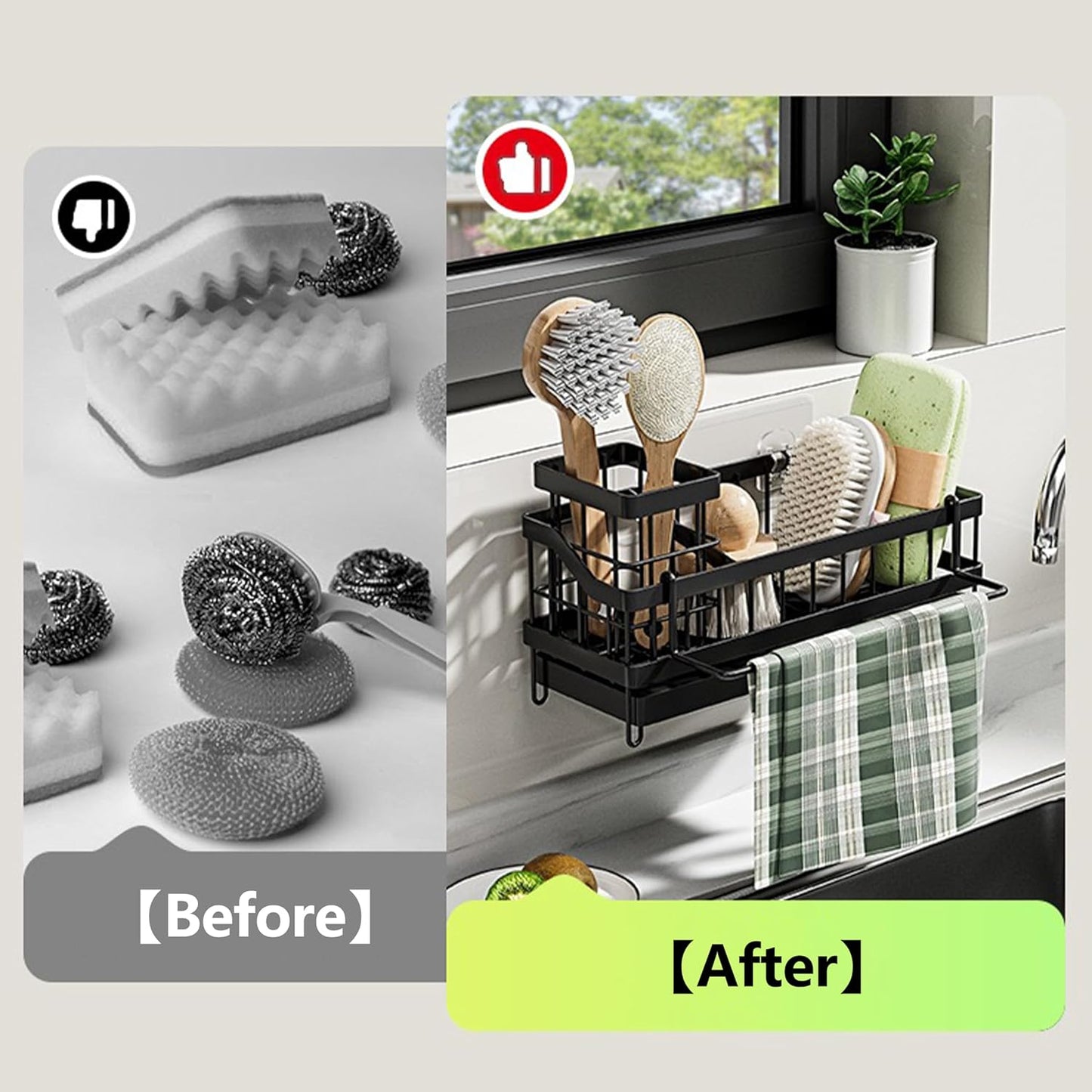 Skiennix Kitchen Sink Caddy Organizer - Rustproof Sponge Holder & Brush Storage | Multi-Functional Soap Dispenser