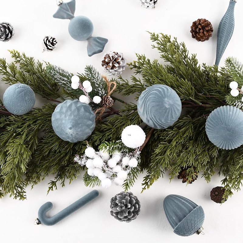 Grey Velvet Ornament Set - 24 Shatterproof Flocked Christmas Balls for Tree Décor - Dusty Blue/Gray (Variation: Grey)
