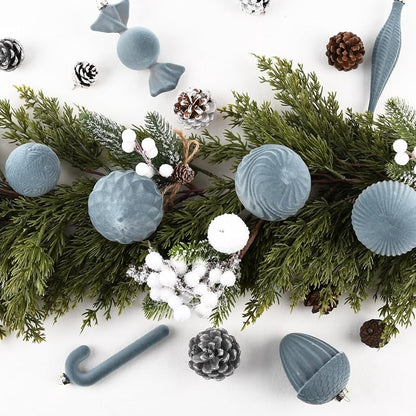Grey Velvet Ornament Set - 24 Shatterproof Flocked Christmas Balls for Tree Décor - Dusty Blue/Gray (Variation: Grey)