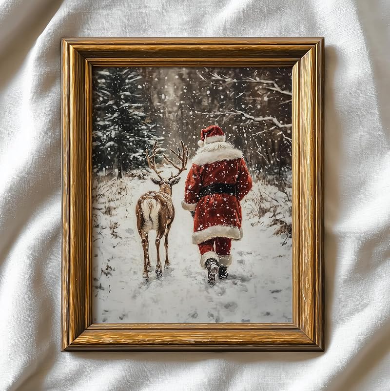TwoDays Vintage Christmas Wall Art - Santa & Reindeer, 11x14 Unframed - Variation: Santa Claus Reindeer