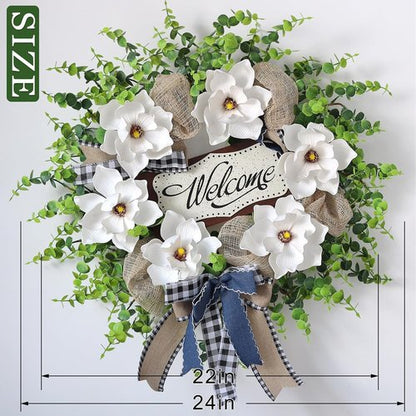 Artificial Magnolia & Eucalyptus Wreath - 24" White Flower Decor with Welcome Sign for Year-Round Home Entryway