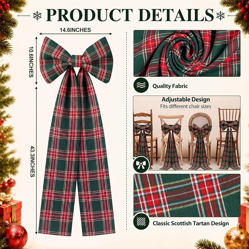 6 Pcs Christmas Chair Bows Decorations 43in Red Green Tartan Plaid – Green Variation