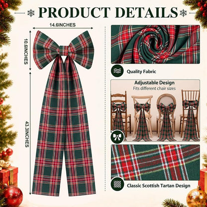 6 Pcs Christmas Chair Bows Decorations 43in Red Green Tartan Plaid – Green Variation