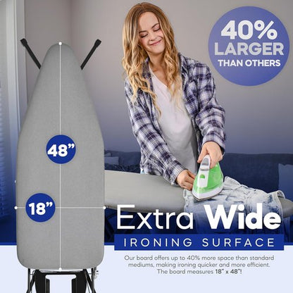 BKTD Extra-Wide Ironing Board - 48" x 18" Large Surface with Built-in Clothes Rack & Adjustable Height - Black Grey