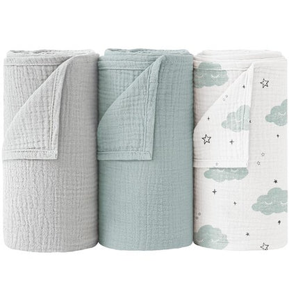 Bearmoss Muslin Swaddle Blankets, 40 x 38 inches Baby Swaddle for Boys and Girls, Soft Baby Blanket, 3 Pack Breathable Nursery Receiving Blankets (Cloud)
