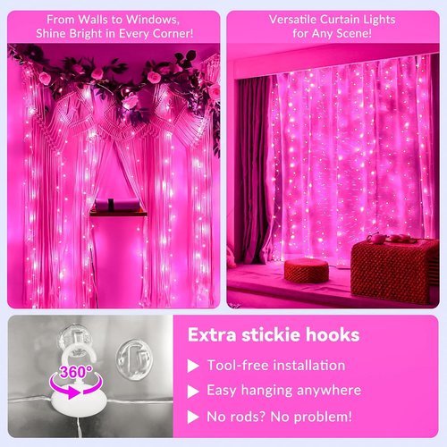 HXWEIYE 300LED Fairy Curtain Lights - 9.8x9.8Ft USB Plug-In with 8 Modes & Remote - Pink, Standard 1 Pack