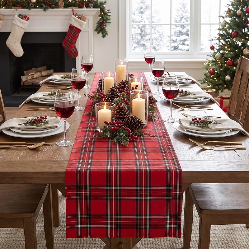 Red Buffalo Plaid Christmas Table Runner 72 Inch – Washable Woven Cotton-Blend