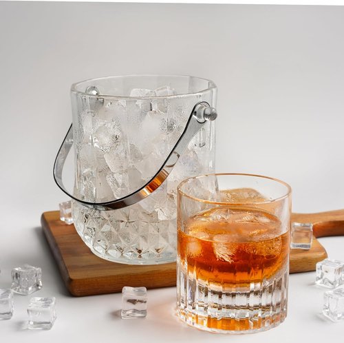 Glass Ice Bucket with Handle and Ice Tong Holds 37oz of Ice Clear Crystal Ice Buckets for Cocktail Bar Wine Home Bar Accessories Parties Clear Champagne Bucket