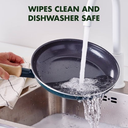 GreenPan Hudson Healthy Ceramic Nonstick, 11" Frying Pan Skillet with Lid, Vintage Wood Inspired Handle, PFAS-Free, Dishwasher Safe, Forest Green