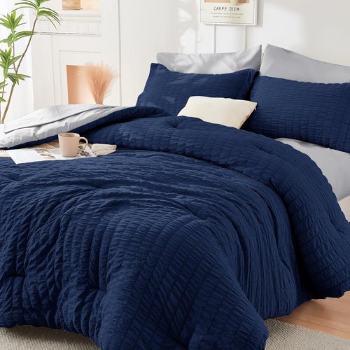 HYMOKEGE Comforter Set - Luxury 7-Piece All-Season Bedding in Navy Blue & Light Grey | Full Size