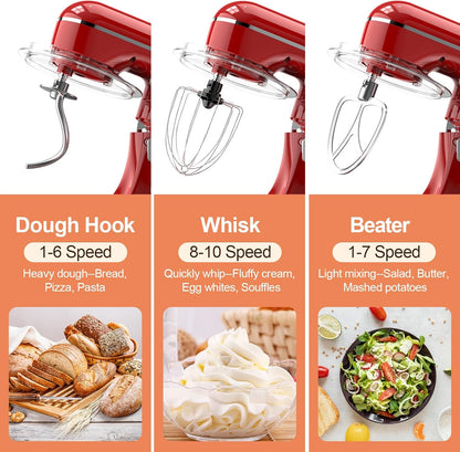 Skiennix 3-IN-1 Electric Stand Mixer - 6.5QT Bowl, 660W, 10-Speed, Includes Dough Hook, Beater & Whisk - Red