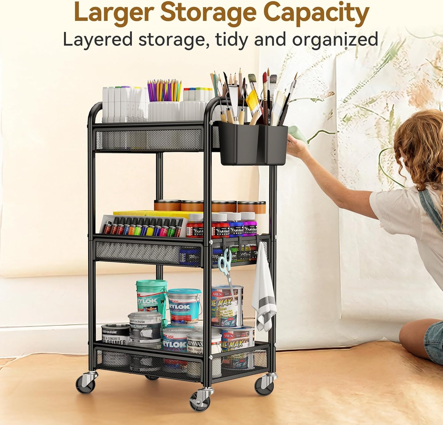 YASONIC 3-Tier Rolling Cart - Metal Utility Storage with Wheels, Hooks & Mesh Basket - Black