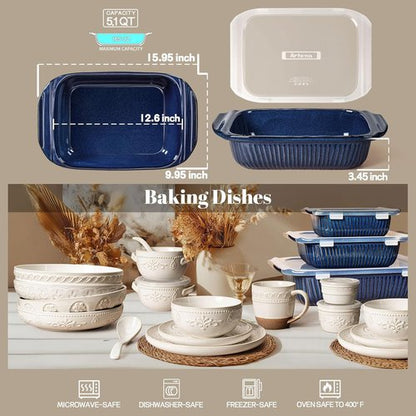 Artena Baking Dish - 5.1 Quart Casserole Dish With Handles | Deep Rectangular White Ceramic Bakeware, Blue