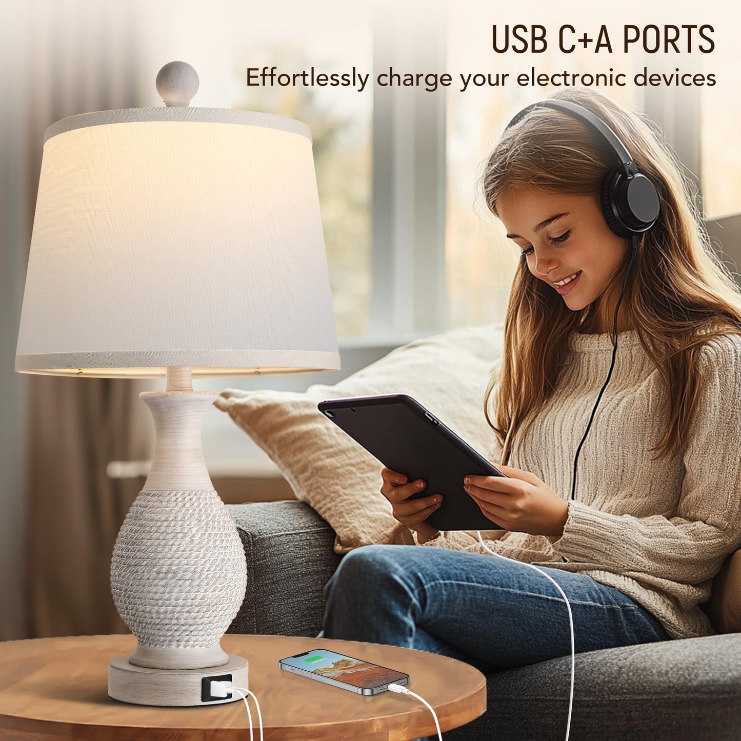 PARTPHONER Traditional Table Lamps Set of 2, Bedside Touch Lamp with USB C+A Charging Ports, Rustic Farmhouse Table Lamps for Living Room Bedroom, Side Table Lamp with White Fabric Shade, Antique Grey
