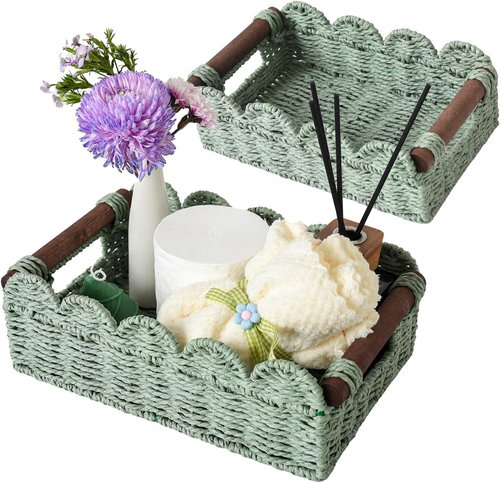 Handwoven Wicker Basket Set of 2 - Small Scalloped Toilet Paper Storage with Handles | Green