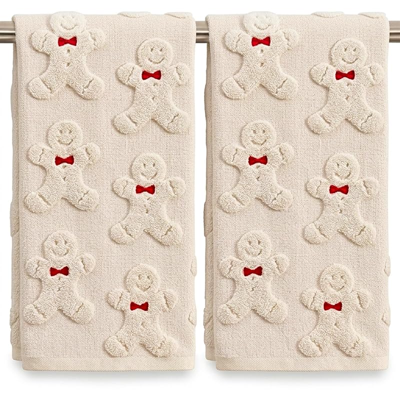 2Pcs Christmas Hand Towels for Bathroom - 100% Cotton, Gingerbread Jacquard Embroidery (Beige Gingerbread)