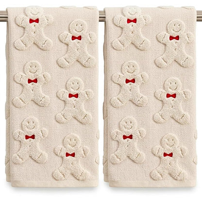 2Pcs Christmas Hand Towels for Bathroom - 100% Cotton, Gingerbread Jacquard Embroidery (Beige Gingerbread)