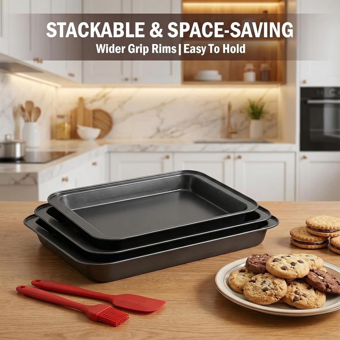 Skiennix Nonstick Baking Sheet Pan Set of 3 - Stackable, Rust & Warp Resistant, Easy Clean Black