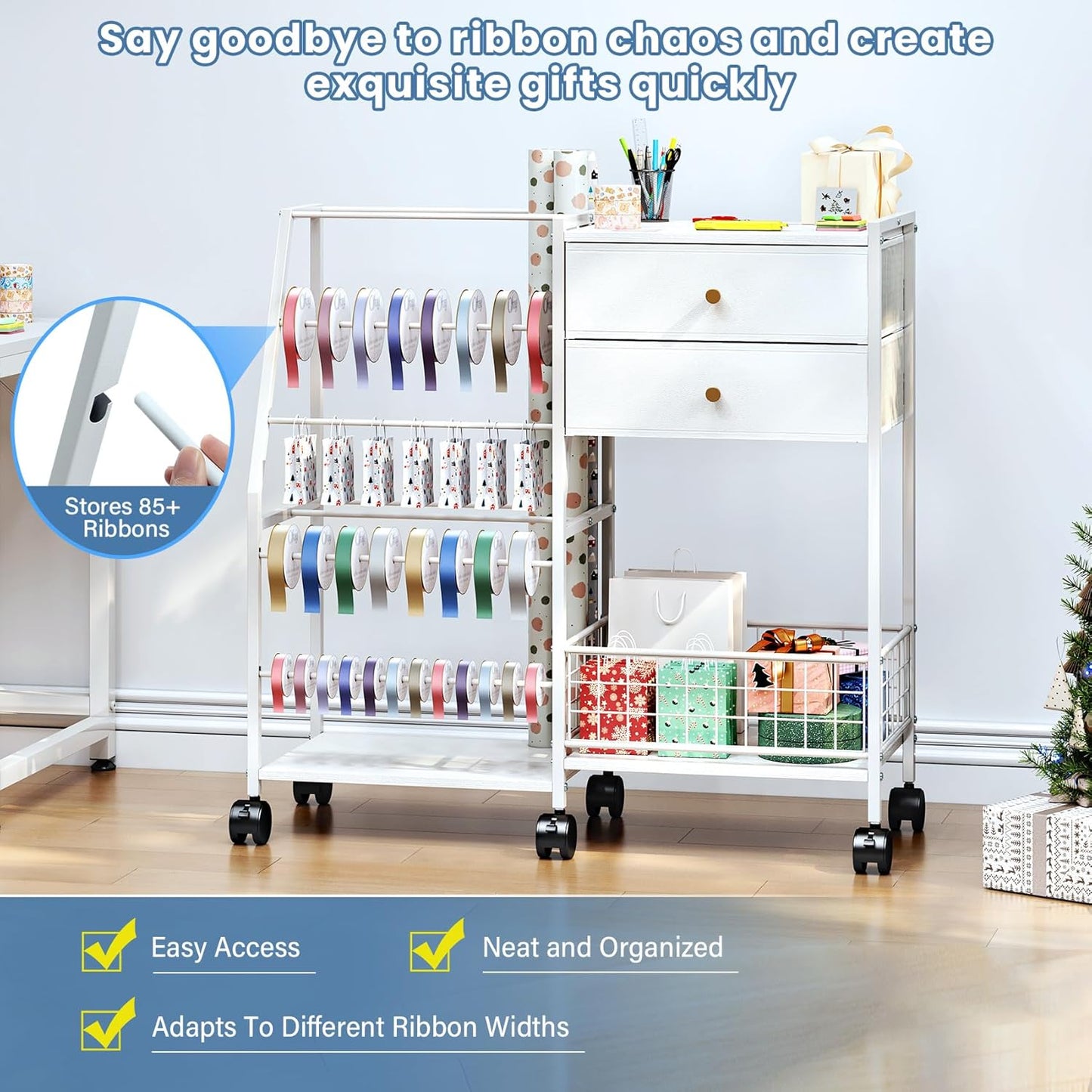 TC-HOMENY Wrapping Paper Organizer - Mobile Gift Wrap Rack with 2 Large Drawers & Ribbon Storage