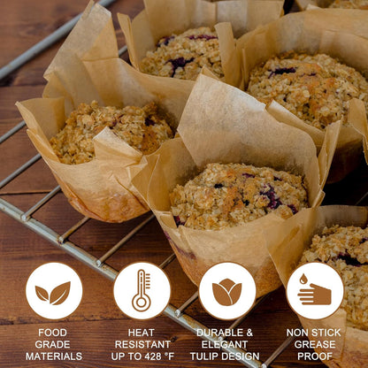 Neyimqr Natural Tulip Cupcake Liners - 120 Count Food Grade Parchment Paper Muffin Holders | Greaseproof for Parties & Holidays