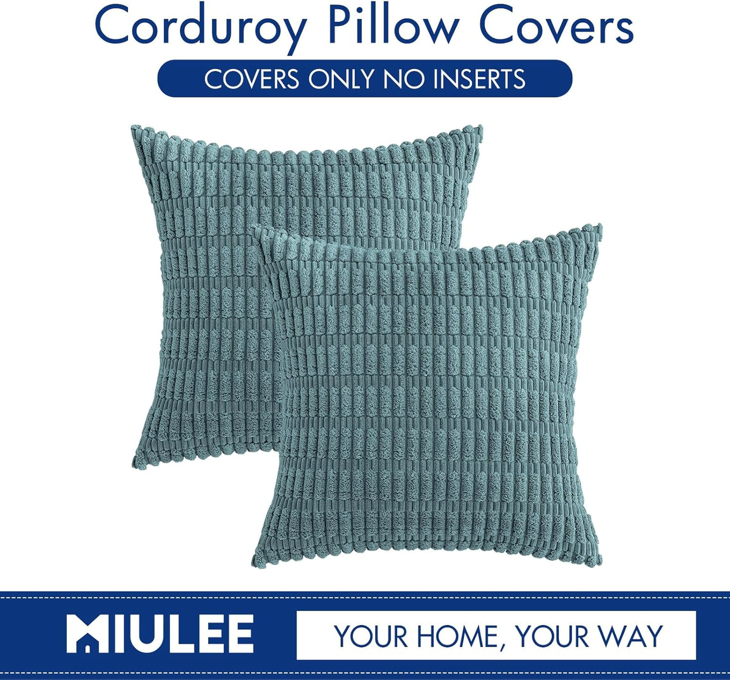 MIULEE Corduroy Throw Pillow Covers - Soft Boho Striped Design | 18x18 Inch Coastal Blue for Modern Home Decor