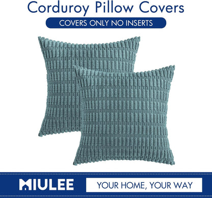 MIULEE Corduroy Throw Pillow Covers - Soft Boho Striped Design | 18x18 Inch Coastal Blue for Modern Home Decor